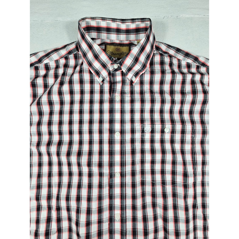 Wrangler Mens XL Plaid‎ Short Sleeve Button Down Shirt Black Red White 112346075